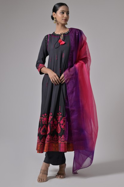 Cotton Embroidered Black Suit